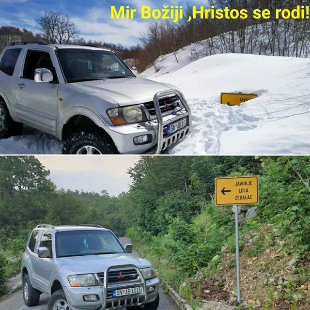 Kolaž zimskog terenca i vožnje pored putokaza