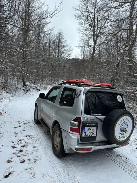 Srebrni terenac na snježnom putu kroz šumu